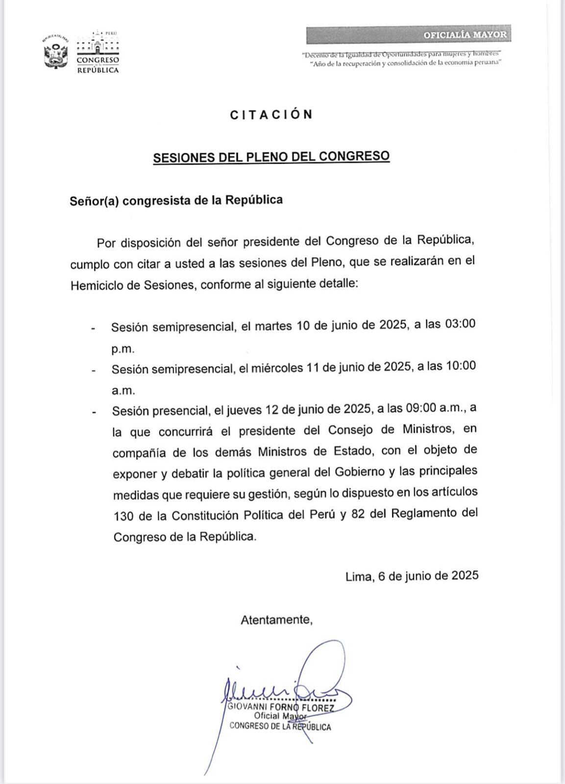 Las sesiones del pleno incluyen la del jueves 12 de junio en la que se presentará el gabinete de Eduardo Arana.